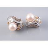 A PAIR OF 18CT WHITE GOLD CONTEMPORARY CULTURED PEARL AND DIAMOND EARRINGS