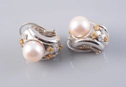 A PAIR OF 18CT WHITE GOLD CONTEMPORARY CULTURED PEARL AND DIAMOND EARRINGS