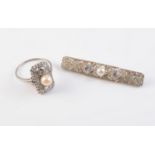 A CULTURED PEARL AND DIAMOND BROOCH AND RING