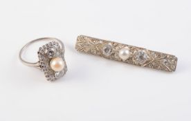 A CULTURED PEARL AND DIAMOND BROOCH AND RING