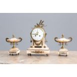 A FRENCH 19TH CENTURY GILT BRASS AND MARBLE CLOCK GARNITURE