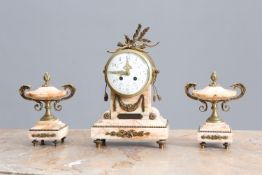 A FRENCH 19TH CENTURY GILT BRASS AND MARBLE CLOCK GARNITURE
