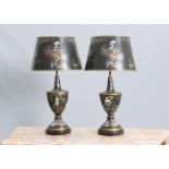 A PAIR OF CHINOISERIE DECORATED TOLE TABLE LAMPS AND SHADES