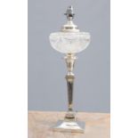 AN EDWARDIAN SILVER AND CUT-GLASS OIL LAMP, HAWKSWORTH EYRE & CO. LTD, SHEFFIELD 1905