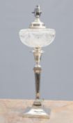 AN EDWARDIAN SILVER AND CUT-GLASS OIL LAMP, HAWKSWORTH EYRE & CO. LTD, SHEFFIELD 1905