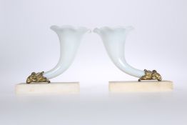 A PAIR OF 19TH CENTURY OPALINE GLASS CORNUCOPIA