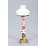 A LARGE 19TH CENTURY PALMER & CO PATENT GILT-METAL, CRANBERRY AND OPALINE GLASS TABLE LAMP