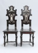 A PAIR OF 17TH CENTURY STYLE ITALIAN IVORY, SCARLET TORTOISESHELL AND EBONISED HALL CHAIRS, 19TH CEN