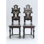 A PAIR OF 17TH CENTURY STYLE ITALIAN IVORY, SCARLET TORTOISESHELL AND EBONISED HALL CHAIRS, 19TH CEN