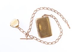 A 9ct GOLD ALBERT WATCH CHAIN WITH VESTA CASE AND SWIVELLING FOB