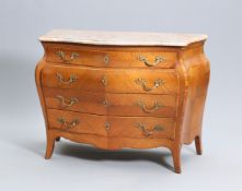 A LOUIS XV STYLE MARBLE TOPPED WALNUT BOMBE COMMODE