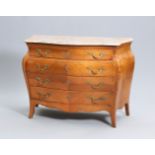 A LOUIS XV STYLE MARBLE TOPPED WALNUT BOMBE COMMODE