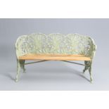 A COALBROOKDALE STYLE GREEN PAINTED CAST METAL GARDEN BENCH