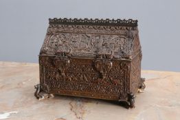 A FRENCH PATINATED BRONZE JEWELLERY CASKET IN THE GOTHIC TASTE, 19th CENTURY