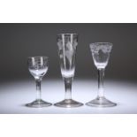 A GROUP OF THREE GEORGIAN PLAIN STEM DRINKING GLASSES, c. 1740