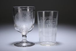 A 19th CENTURY DRINKING GLASS ETCHED WITH COMIC IMAGES