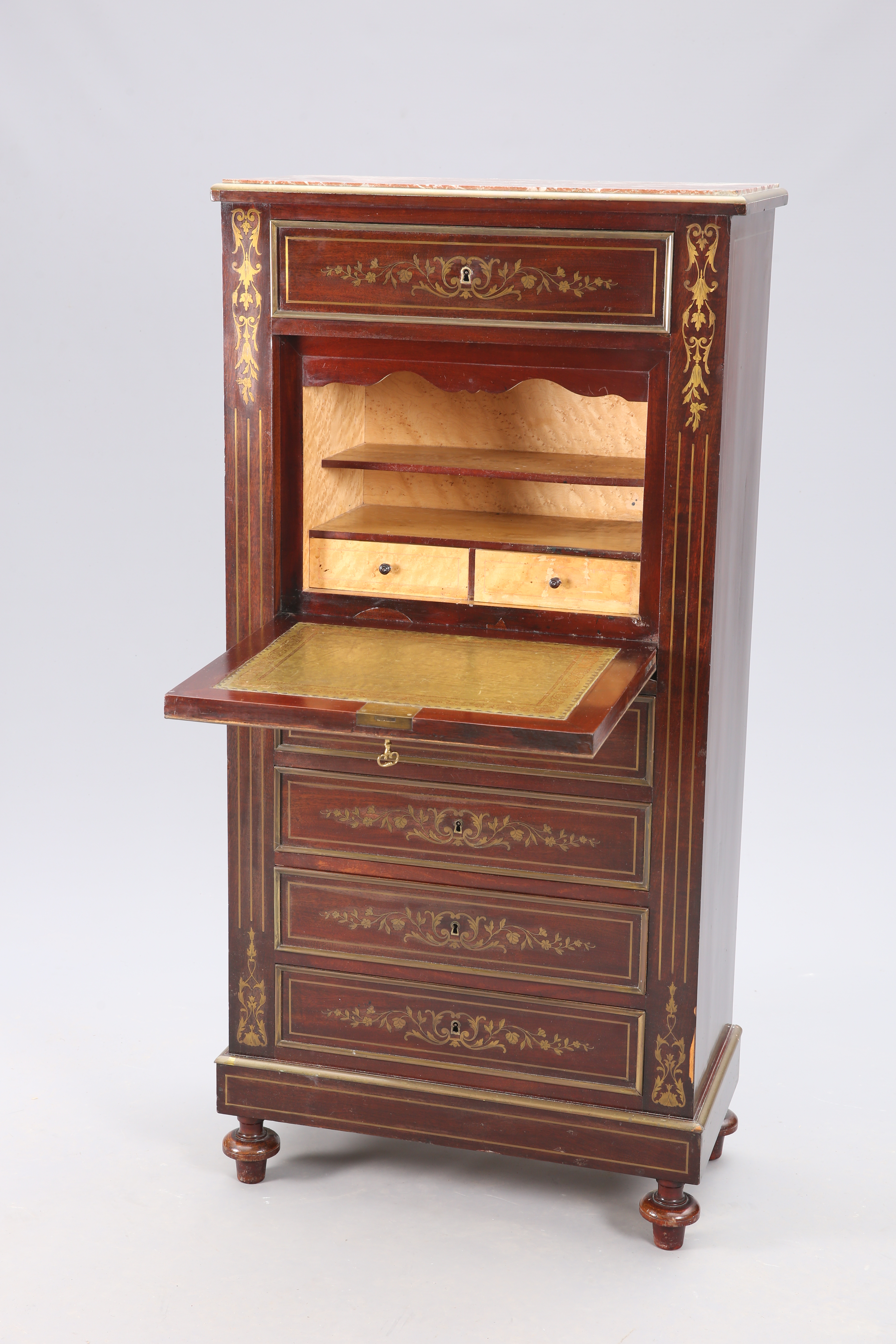 A NAPOLEON III MARBLE-TOPPED, MAHOGANY AND BRASS INLAID SECRETAIRE A ABATTANT - Bild 2 aus 2