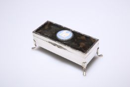 A GEORGE V SILVER, TORTOISESHELL AND WEDGWOOD BLUE JASPER JEWEL BOX