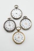 A GROUP OF FOUR POCKET WATCHES FOR SPARES OR REPAIRS.