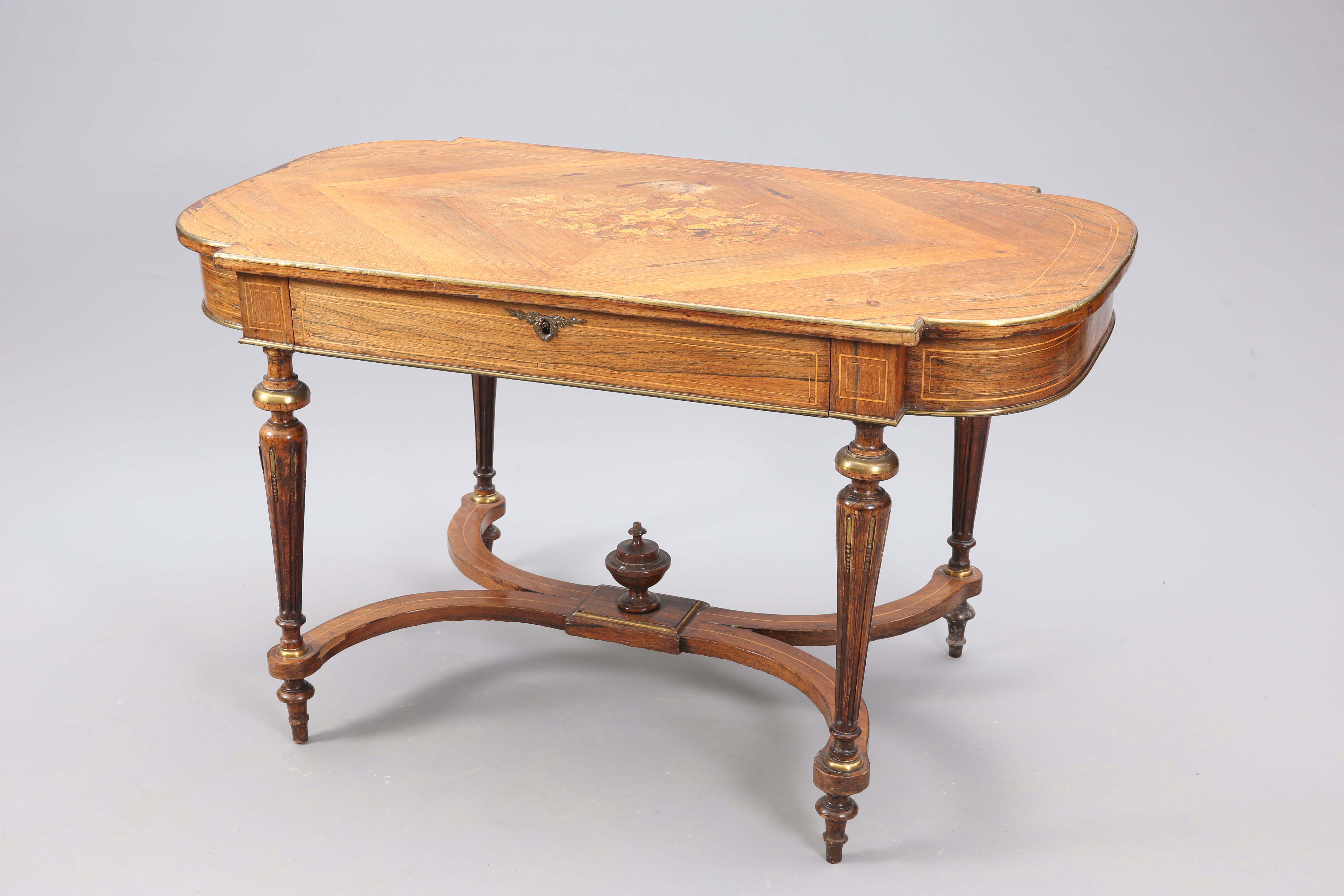 A FRENCH ROSEWOOD, FLORAL MARQUETRY AND BRASS MOUNTED BUREAU PLAT, LATE 19TH CENTURY