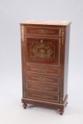 A NAPOLEON III MARBLE-TOPPED, MAHOGANY AND BRASS INLAID SECRETAIRE A ABATTANT