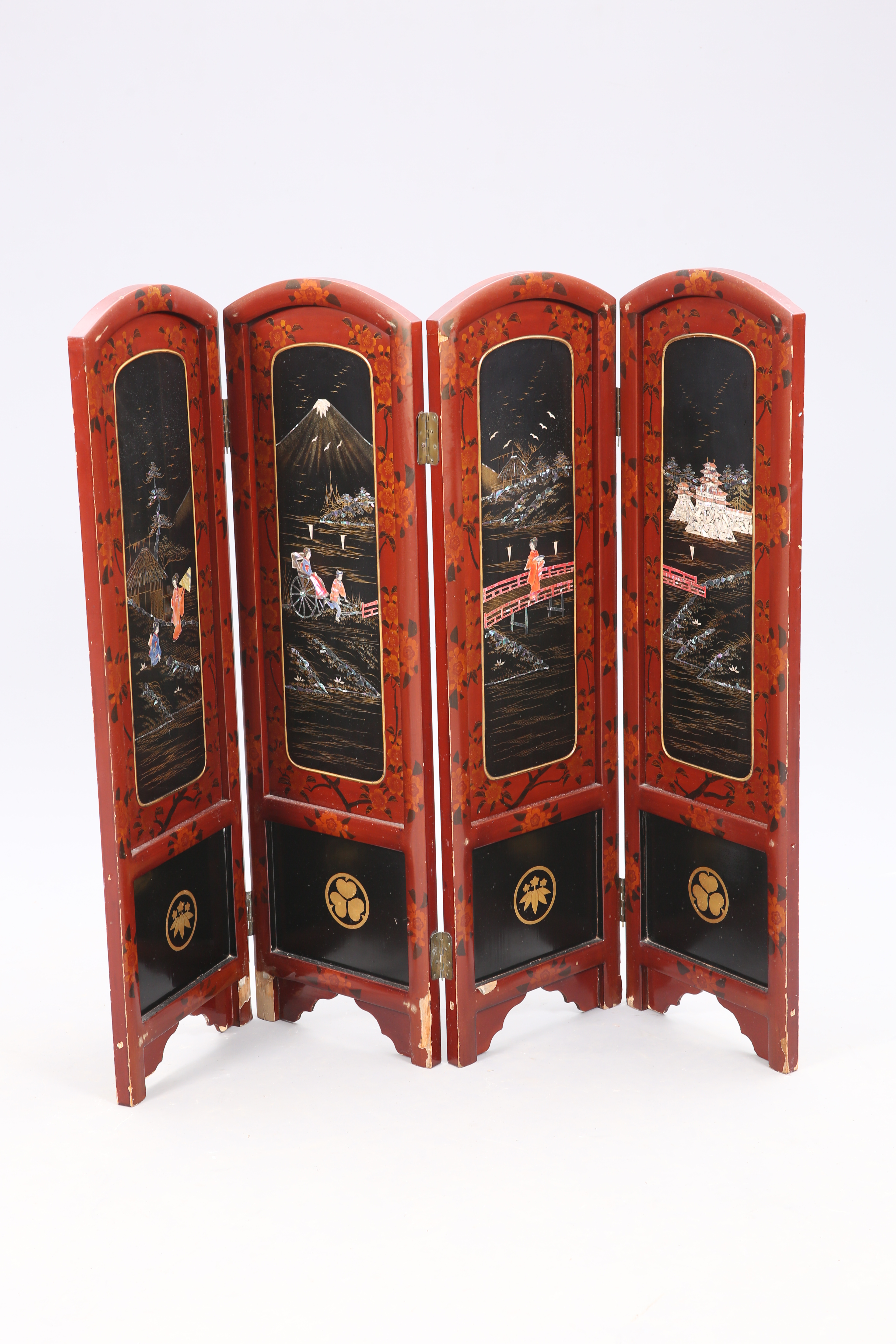 A JAPANESE TAISHO PERIOD LACQUER FOUR FOLD SCREEN