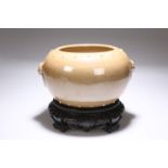 A CHINESE BROWN GLAZED BOWL ON A CARVED ZITAN STAND