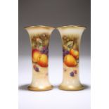 A PAIR OF ROYAL WORCESTER FRUIT-PAINTED VASES