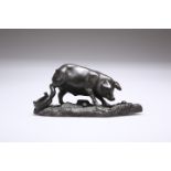 A BRONZE MODEL OF A PIG, INDISTINCTLY SIGNED