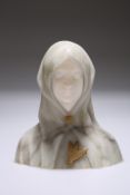 AN ALABASTER BUST OF A YOUNG GIRL IN A CLOAK, EARLY 20th CENTURY