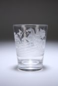 AN EARLY 19th CENTURY GLASS TUMBLER ENGRAVED WITH A HUNTSMAN