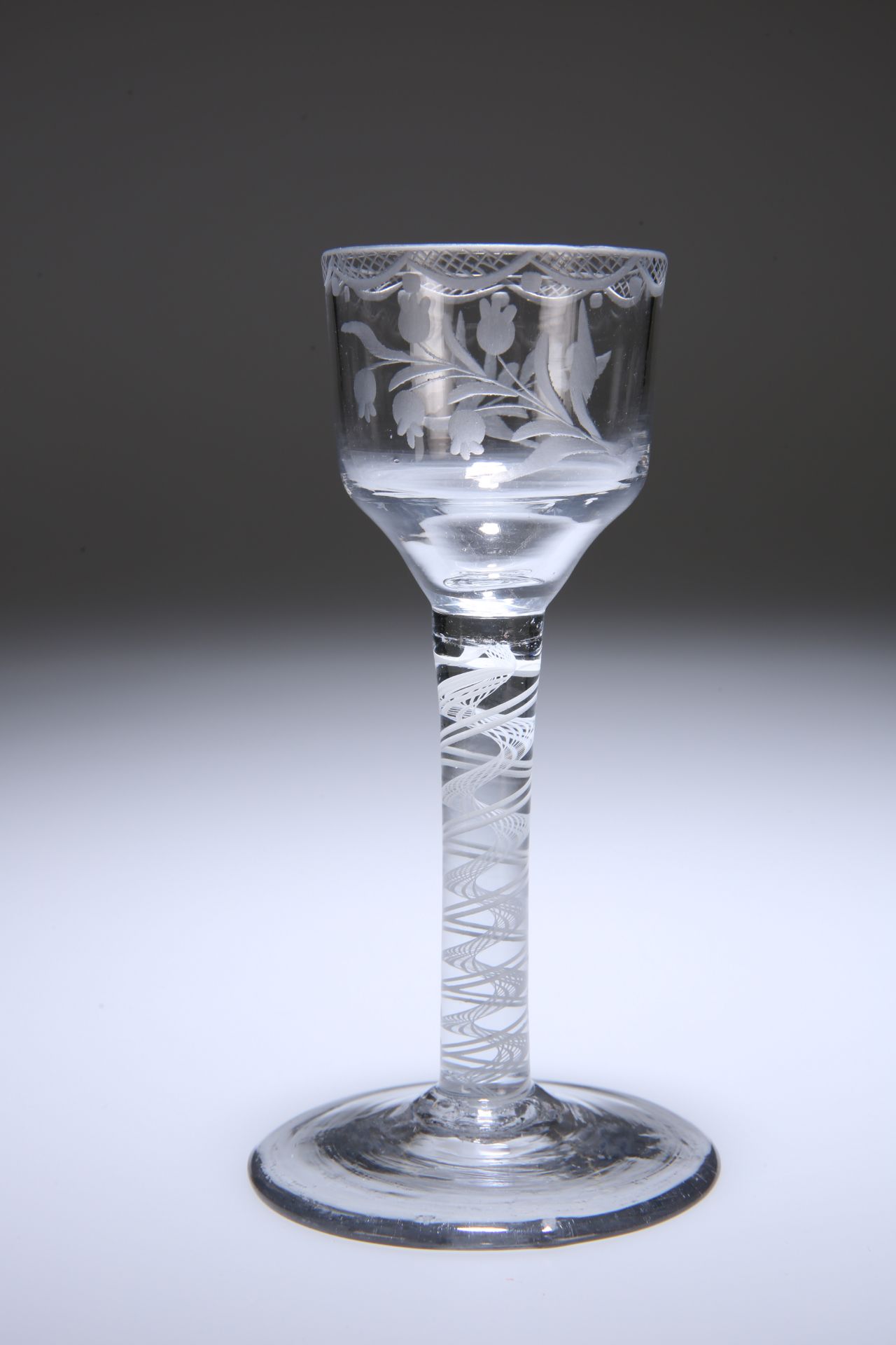 AN ENGRAVED CORDIAL GLASS, c. 1760