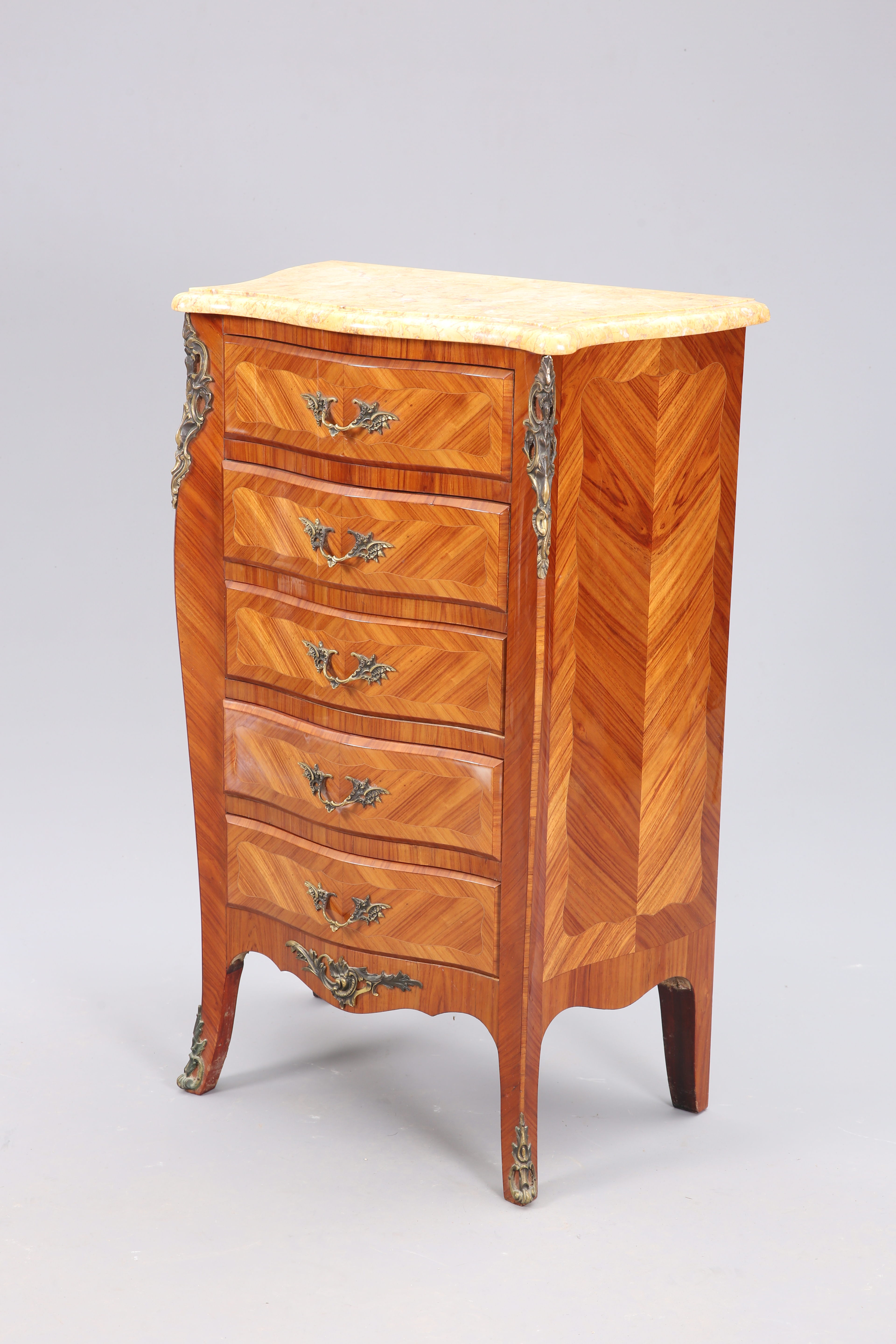 A LOUIS XV STYLE MARBLE-TOPPED SMALL CHEST OF DRAWERS
