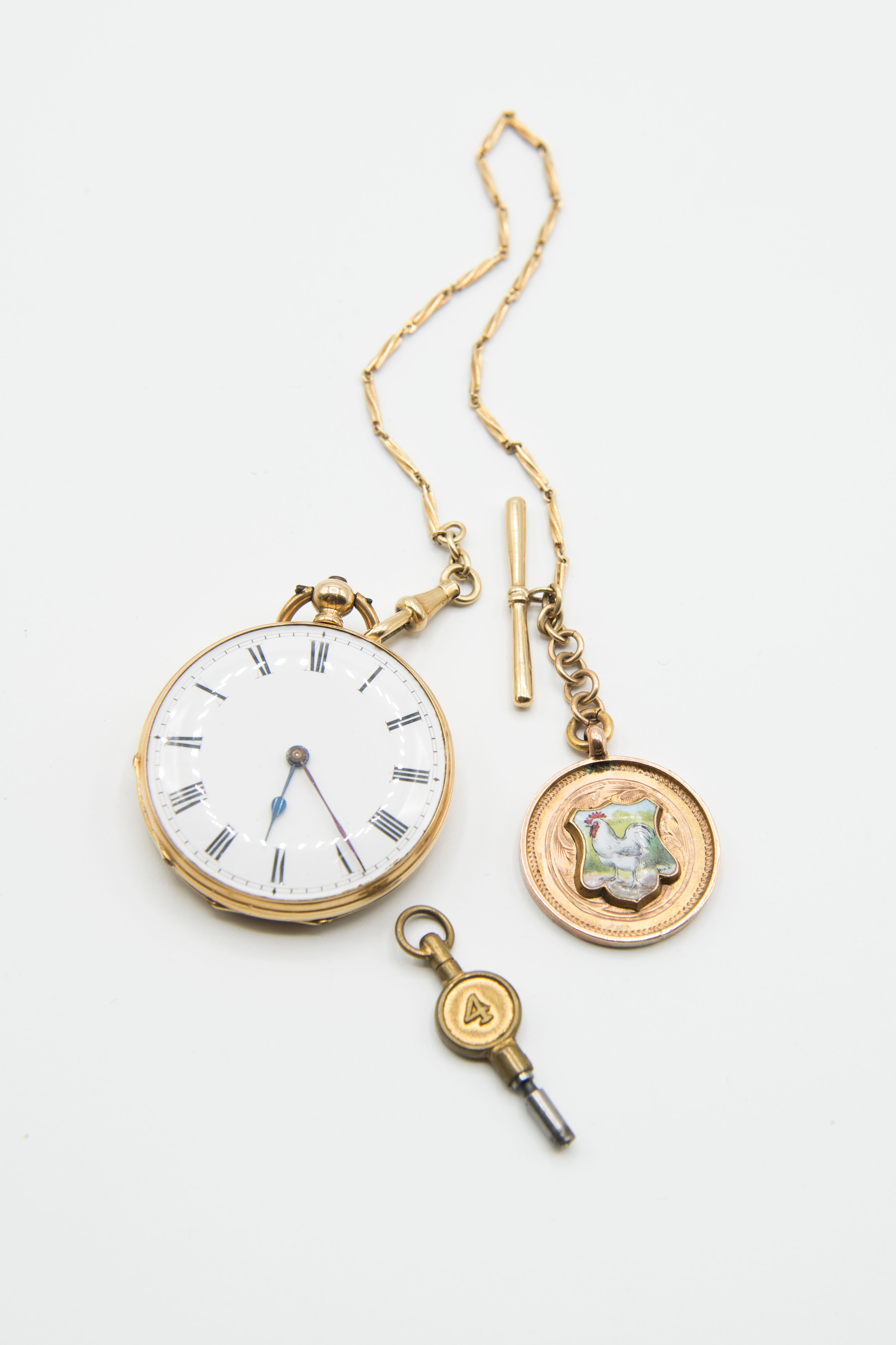 A DRESS POCKET WATCH WITH ENAMEL FOB AND ALBERT CHAIN