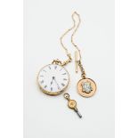 A DRESS POCKET WATCH WITH ENAMEL FOB AND ALBERT CHAIN