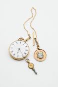 A DRESS POCKET WATCH WITH ENAMEL FOB AND ALBERT CHAIN