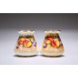 A PAIR OF ROYAL WORCESTER FRUIT-PAINTED "SACK" VASES