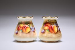 A PAIR OF ROYAL WORCESTER FRUIT-PAINTED "SACK" VASES