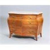 A LOUIS XV STYLE MARBLE TOPPED WALNUT BOMBE COMMODE