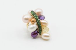 A CULTURED PEARL AND MULTI GEM COCKTAIL RING