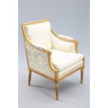 A LOUIS XVI STYLE GILTWOOD BERGERE, LATE 19TH CENTURY