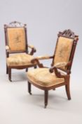 A PAIR OF VICTORIAN MAHOGANY AND UPHOLSTERED LIBRARY CHAIRS