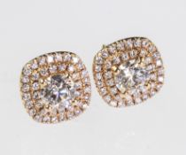 A PAIR OF 18CT ROSE GOLD DOUBLE HALO DIAMOND CLUSTER STUD EARRINGS