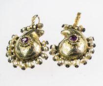 A PAIR OF ANTIQUE SEED PEARL AND RUBY EARRINGS