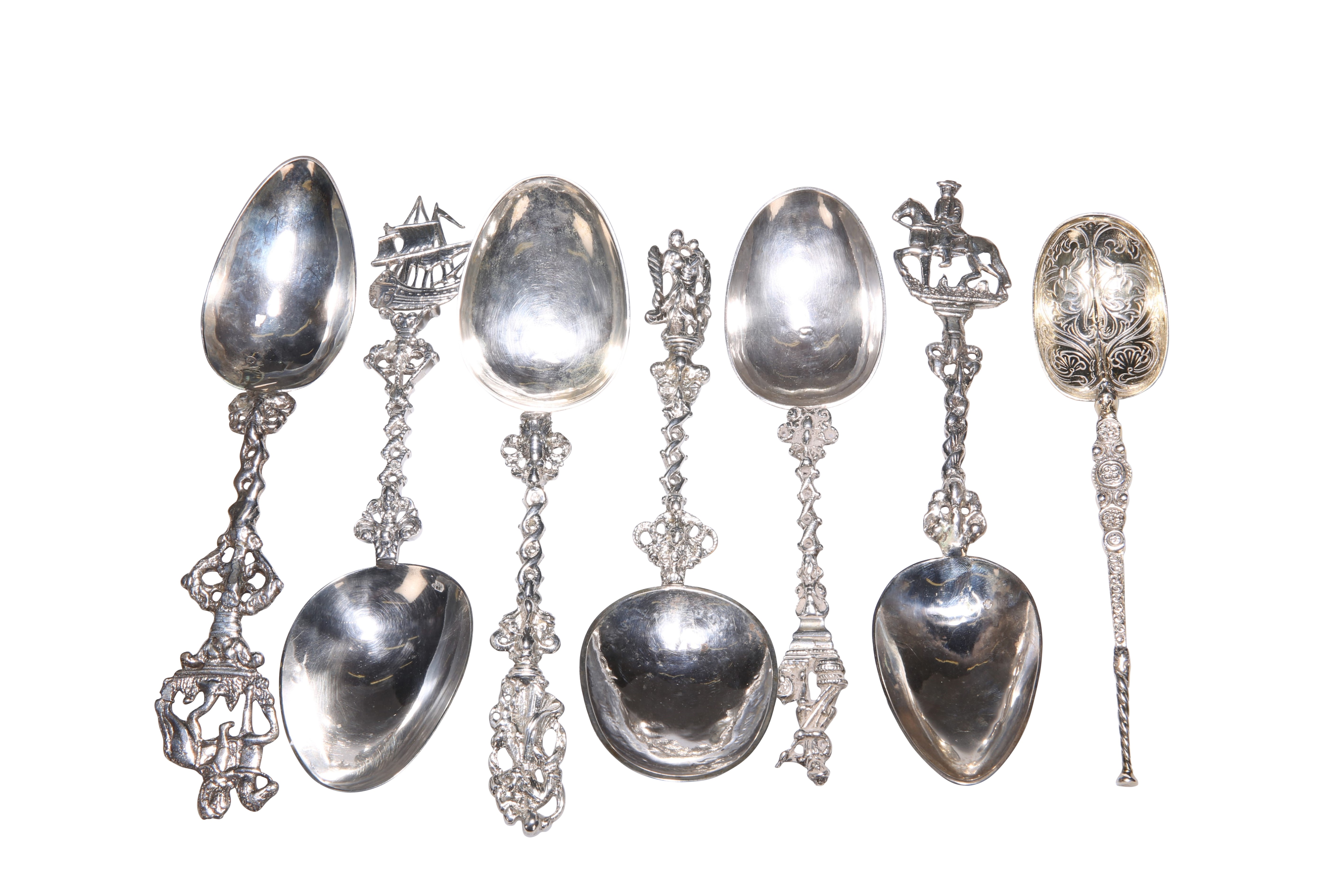 SIX DUTCH SILVER SPOONS AND A VICTORIAN SILVER-GILT COPY OF THE ANNOINTING SPOON
