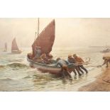 WILLIAM KAY BLACKLOCK (1972-1924), FISHERMEN LAUNCHING A ROWING BOAT