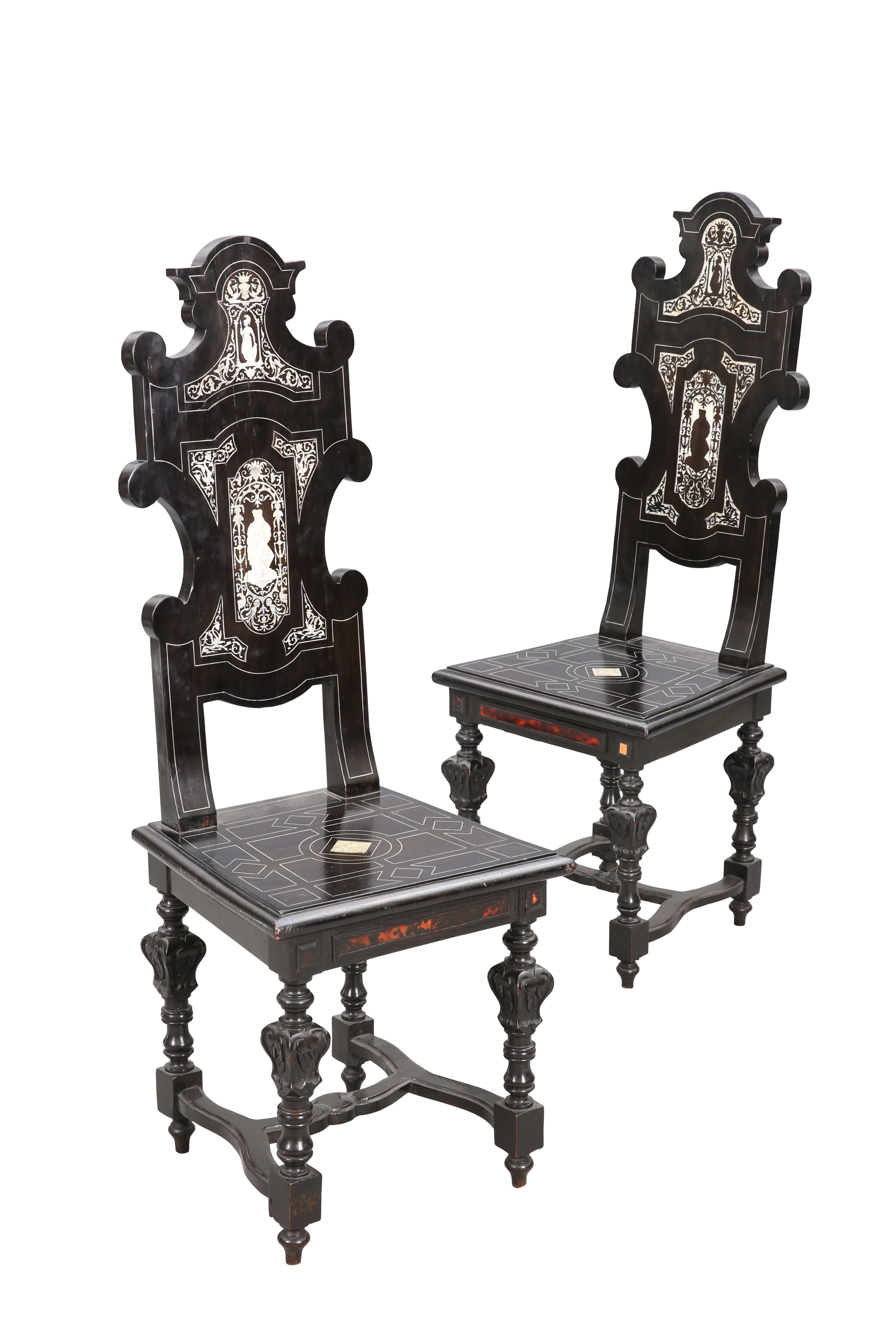 A PAIR OF 17TH CENTURY STYLE ITALIAN IVORY, SCARLET TORTOISESHELL AND EBONISED HALL CHAIRS