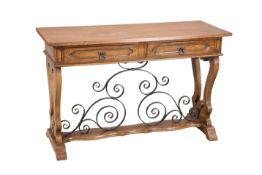 AN OAK AND WROUGHT IRON CONSOLE TABLE