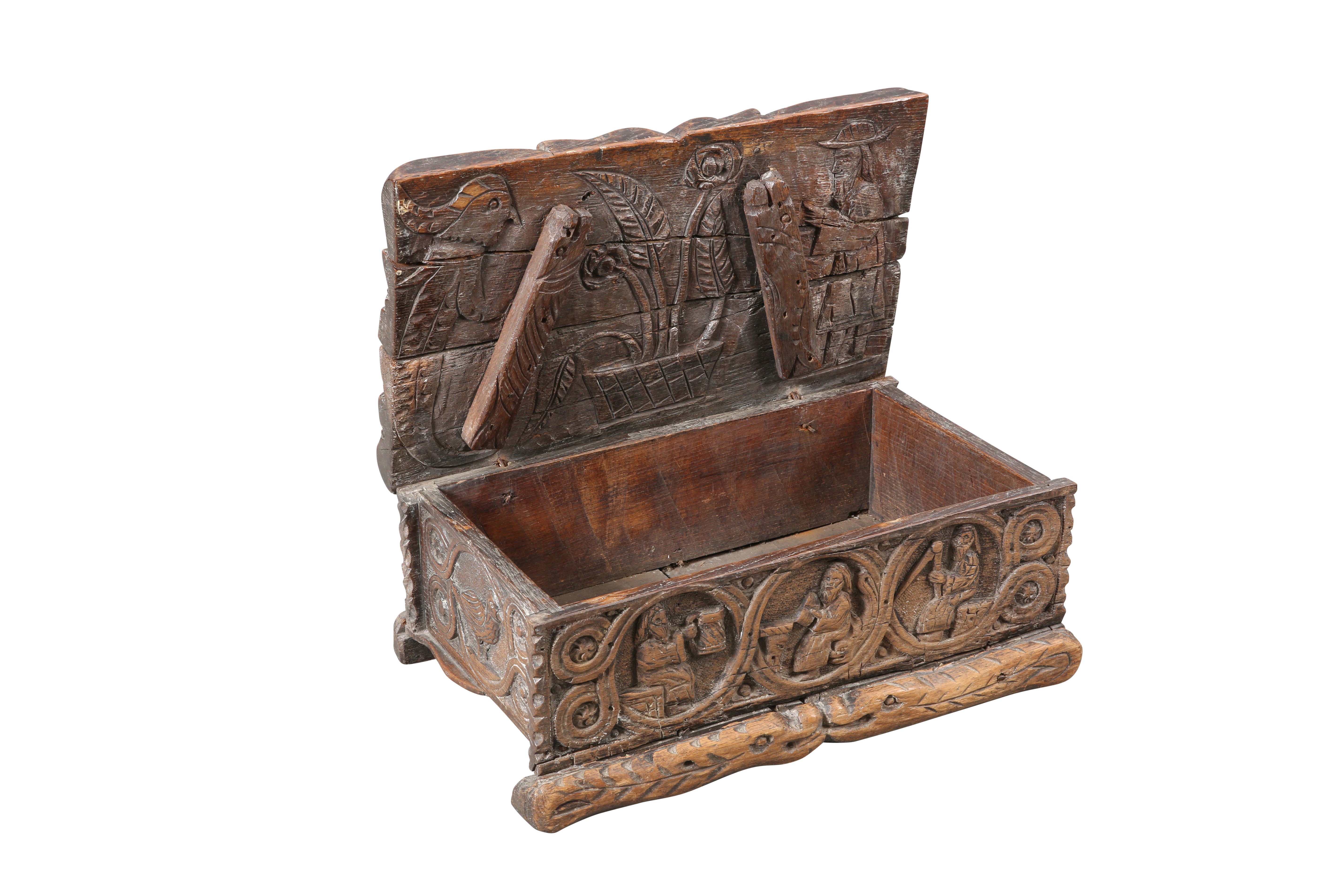 A CARVED OAK TABLE BOX, PROBABLY 17TH CENTURY - Image 8 of 9