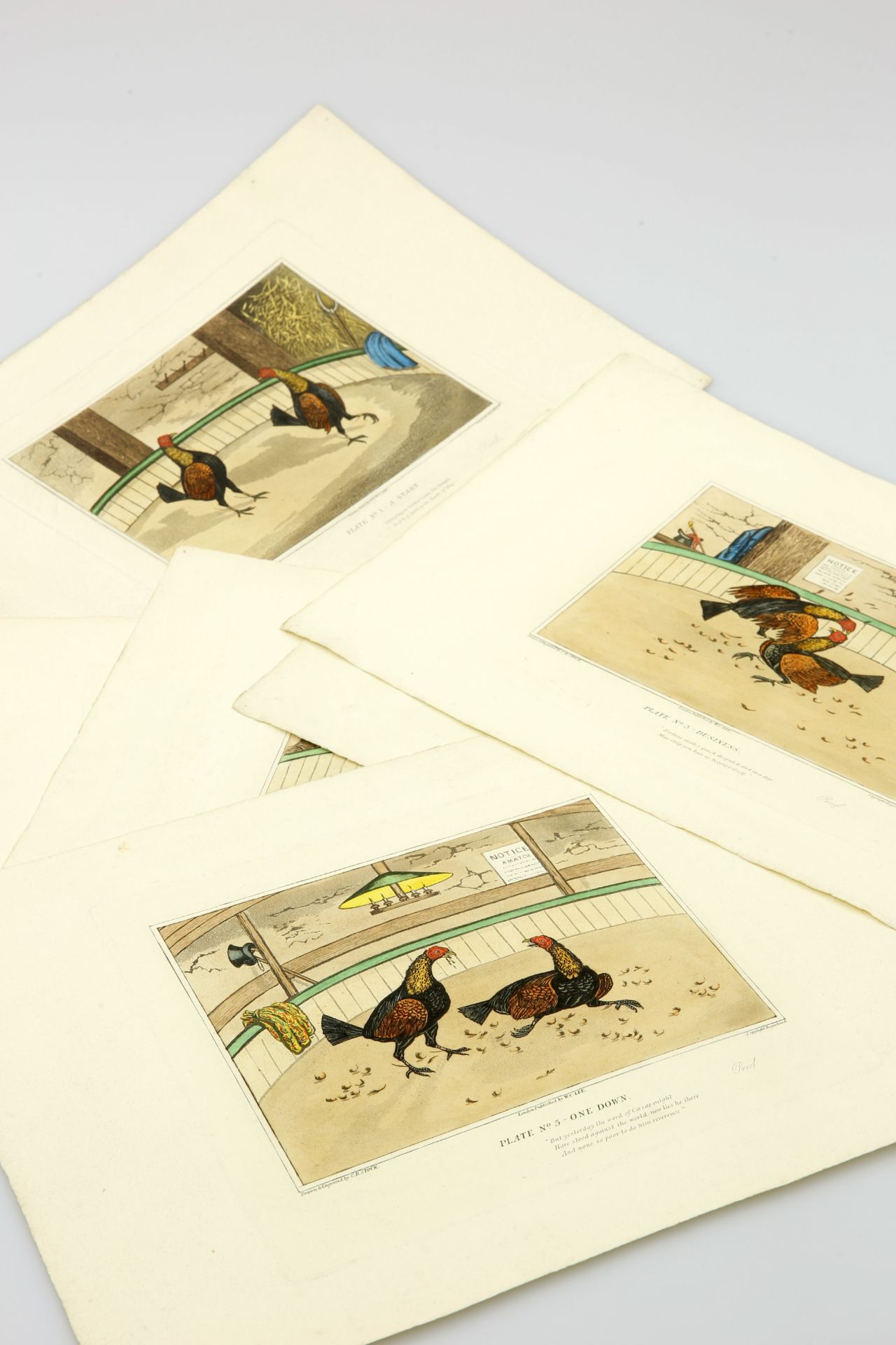 A SET OF SIX COLOURED ENGRAVINGS OF COCK FIGHTING SCENES